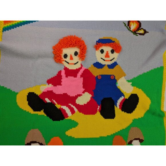 Raggedy Ann And Andy Crocheted Throw Blanket OOAK Vintage Retro Mushroom 50”x49" - Picture 2 of 9